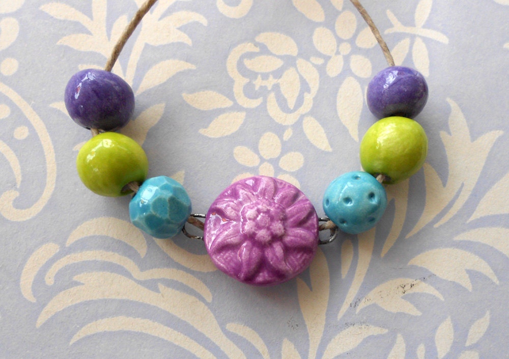 RSERVED FOR JEWELSBYKAT Handmade Ceramic Beads Set with Sunflower Connector in Jewel Colours