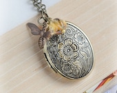 Bee Locket Necklace Jewelry Gift Honey Glass Honey Bee Jewelry