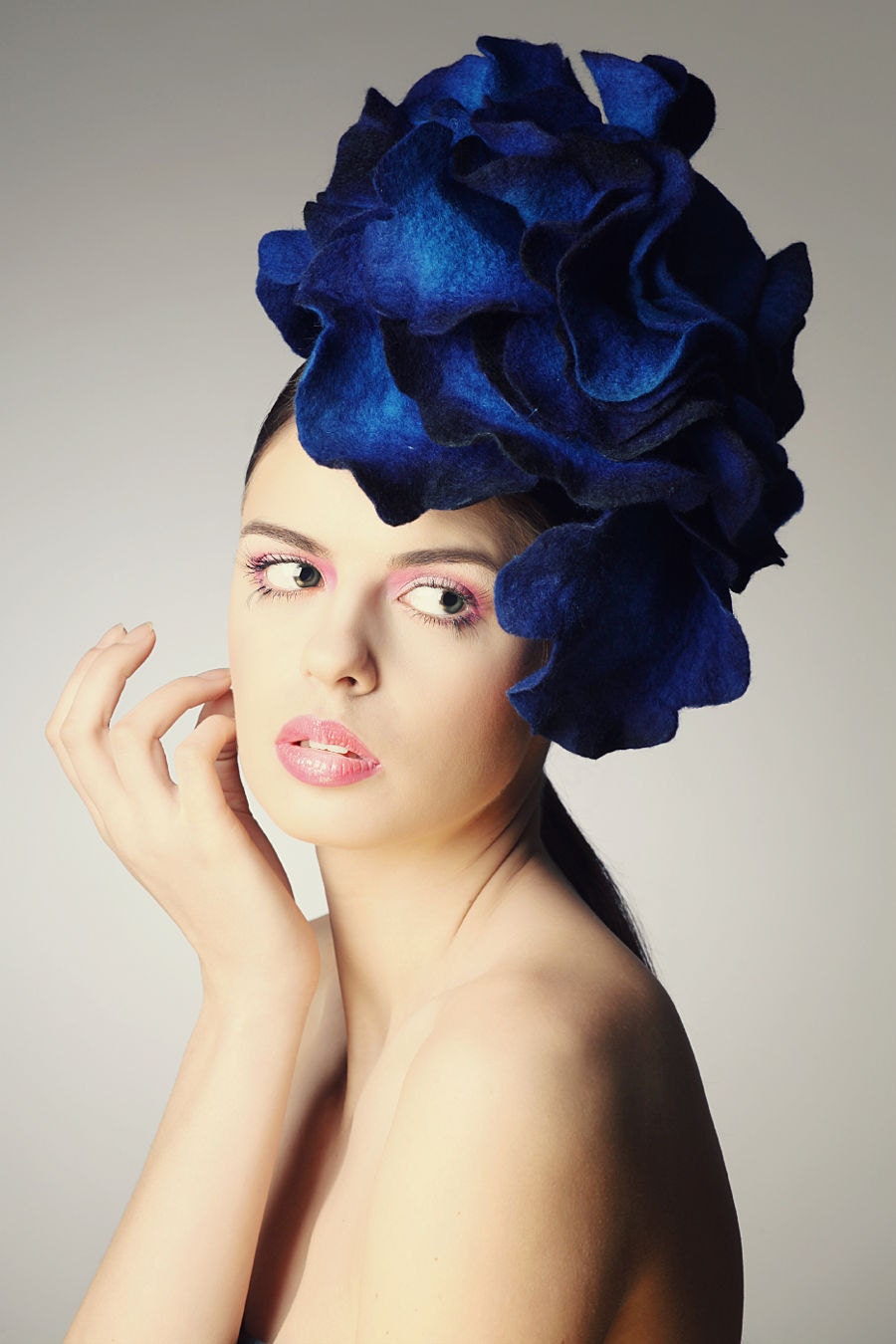 Bright Blue Rose fascinator hat with merino wool, silk fibers and chiffon silk