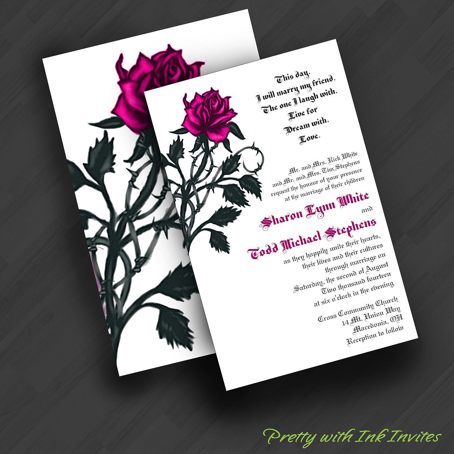 Thorned Rose Invitations for Shower/Birthday/Wedding/Your Special Event (Shown in Black/White/Pink/Purple)