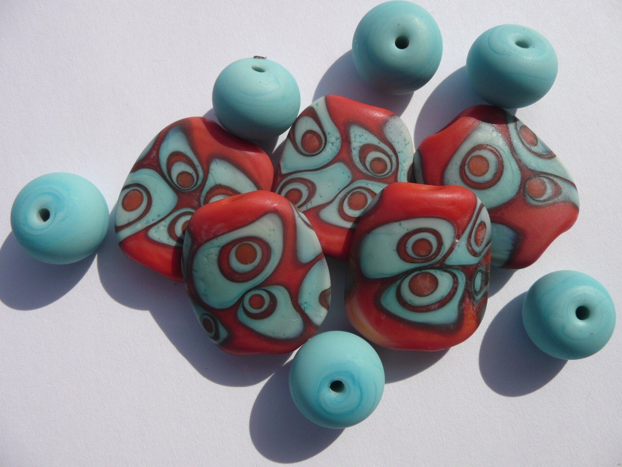 Lampwork bead set ,SRA,fhfteam Retro Roger beads, orange and tourquoise