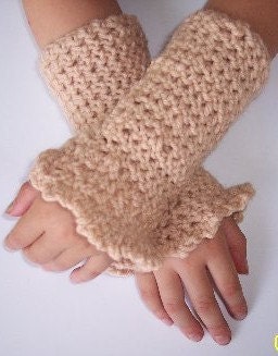 Hand Crocheted - Cute Tan  Ruffled Children's Wrist Warmers