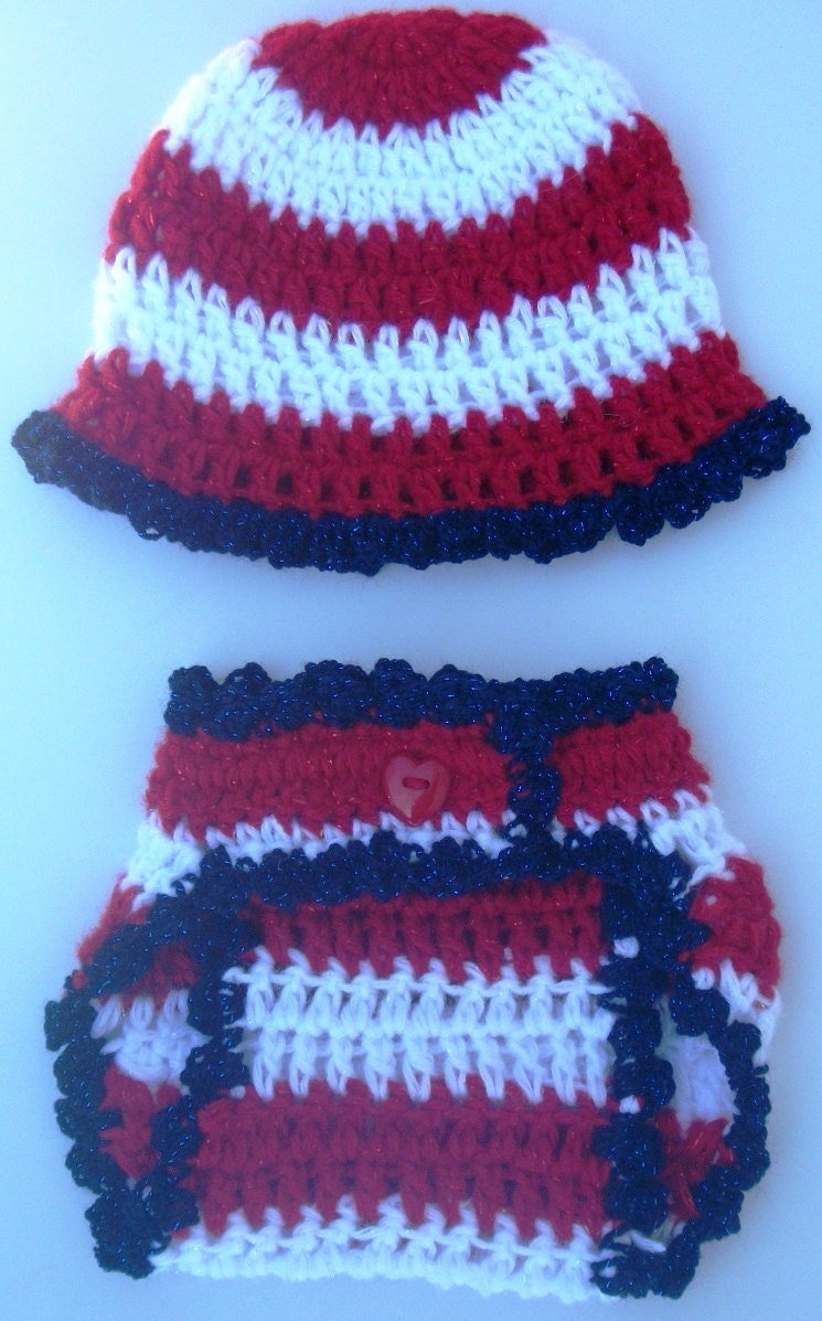 Baby Girl Crochet Ruffled Patriotic Diaper Cover Set-Striped Ruffled Hat-Diaper Cover With Button-Size Newborn-0/3mo-3/6mo-6/12mo-Photo Prop