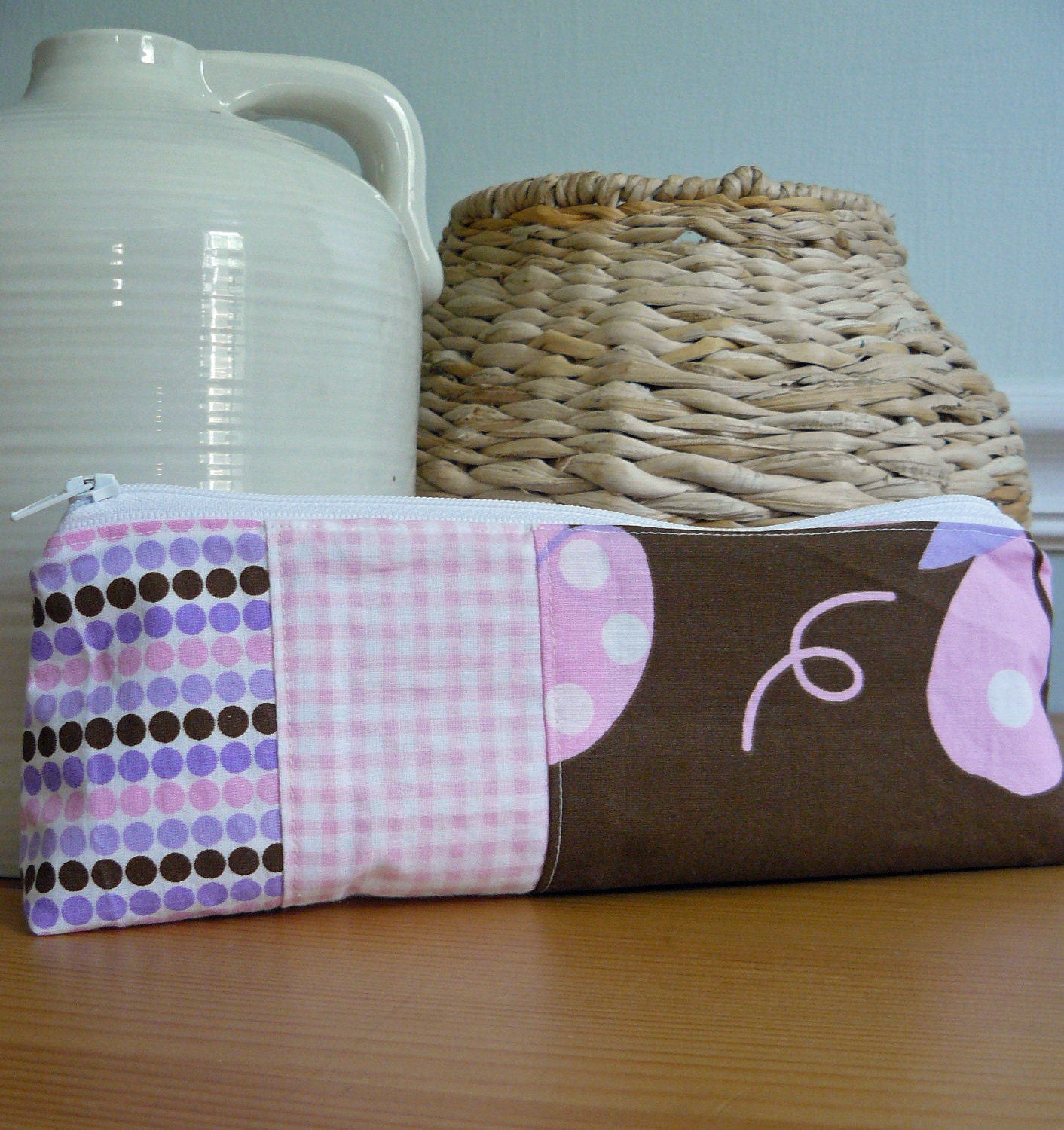Fabric Makeup Bag - Pencil Case Patchwork Pink & Purple Butterfly and Dots
