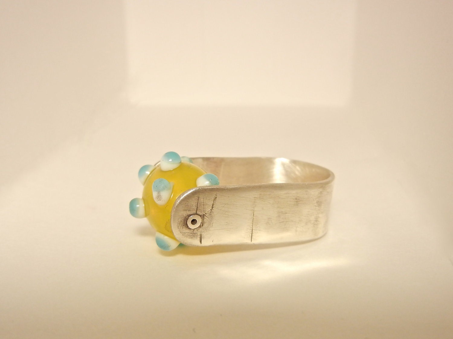 Yellow polka dot rivet beaded ring - sterling silver & flameworked glass jewelry - sterling silver ring
