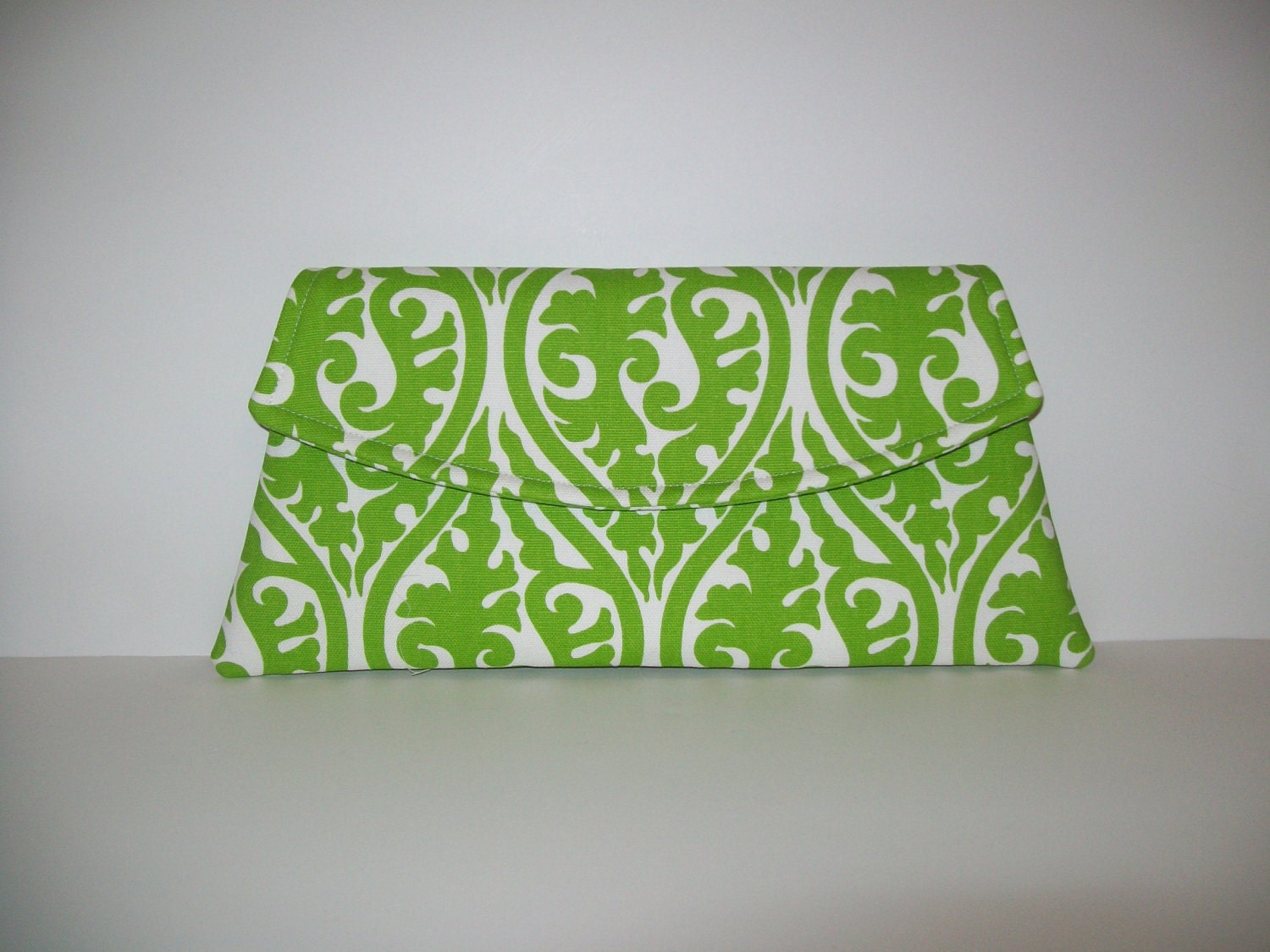 Classic Angled Clutch - Chartreuse Green and White Kimono Print - MSG FabriCreations