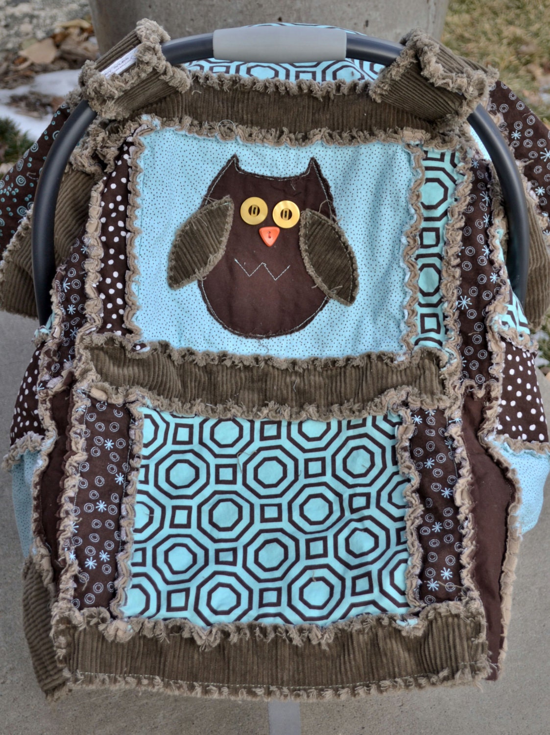 Carseat Tent, 3 in 1, Nursing Cover, Rag Quilt, OWL, corduroy, brown and aqua...