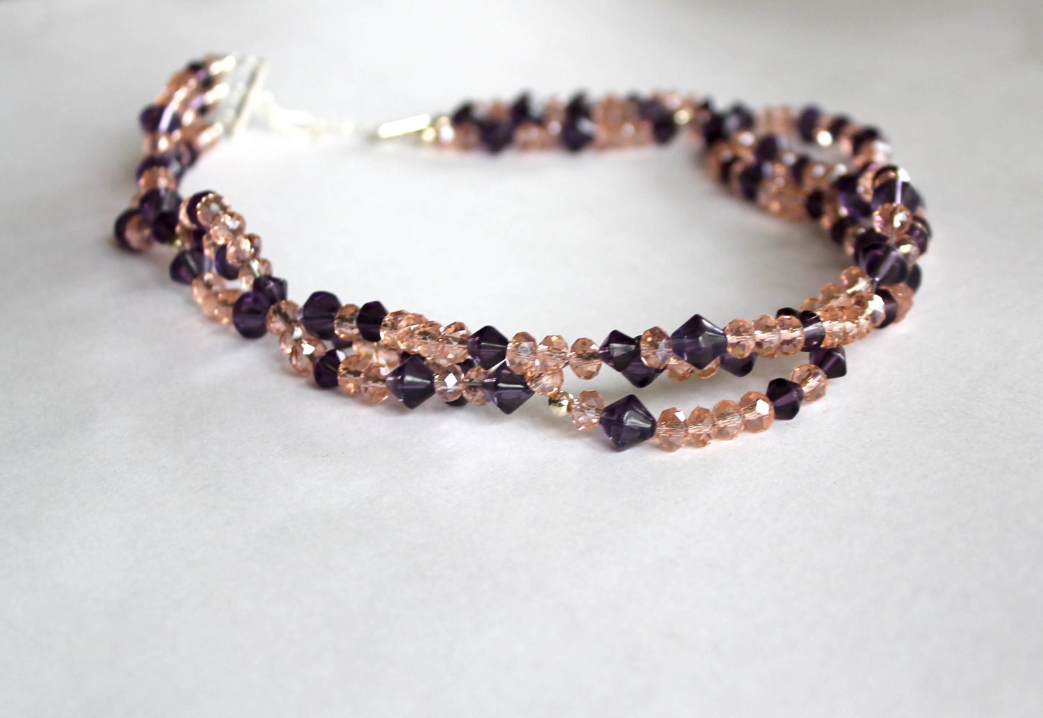 Three-stranded necklace, purple and pink woven crystal necklace