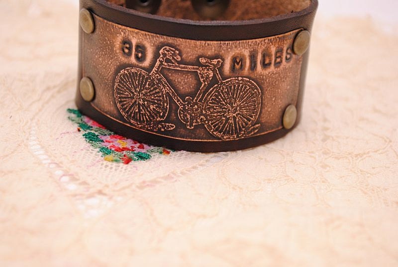Bracelet Etched Copper Leather Cuff Bicycle Marathon
