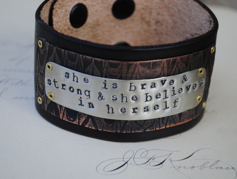 Hand stamped Bracelet She is Brave and Strong Etched Copper Chocolate Brown Leather