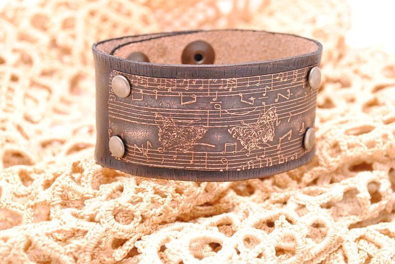 Distressed Leather Bracelet Etched Copper Cuff Music and Butterflies