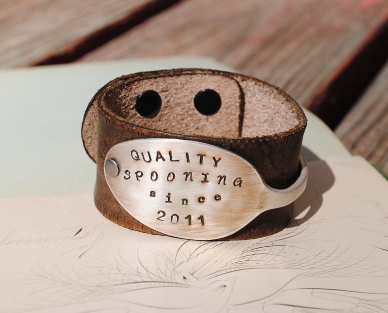 Spoon Bracelet Hand stamped Quality Spooning Since Distressed Leather Bracelet Cuff