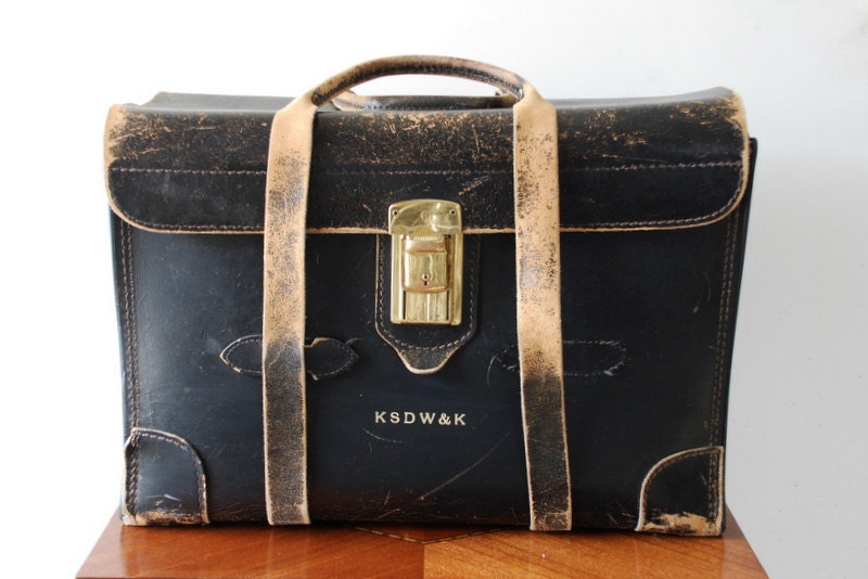 Vintage Doctor or Lawyer Briefcase / Bag, Black Leather with Straps and Handle