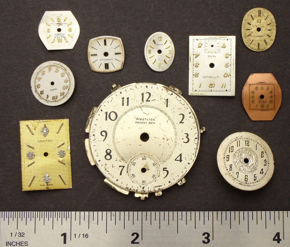 Antique Vintage brass, silver, gold tone round, square wristwatch pocket, watch dials lot of 10, jewelry, Steampunk Art Supplies 929