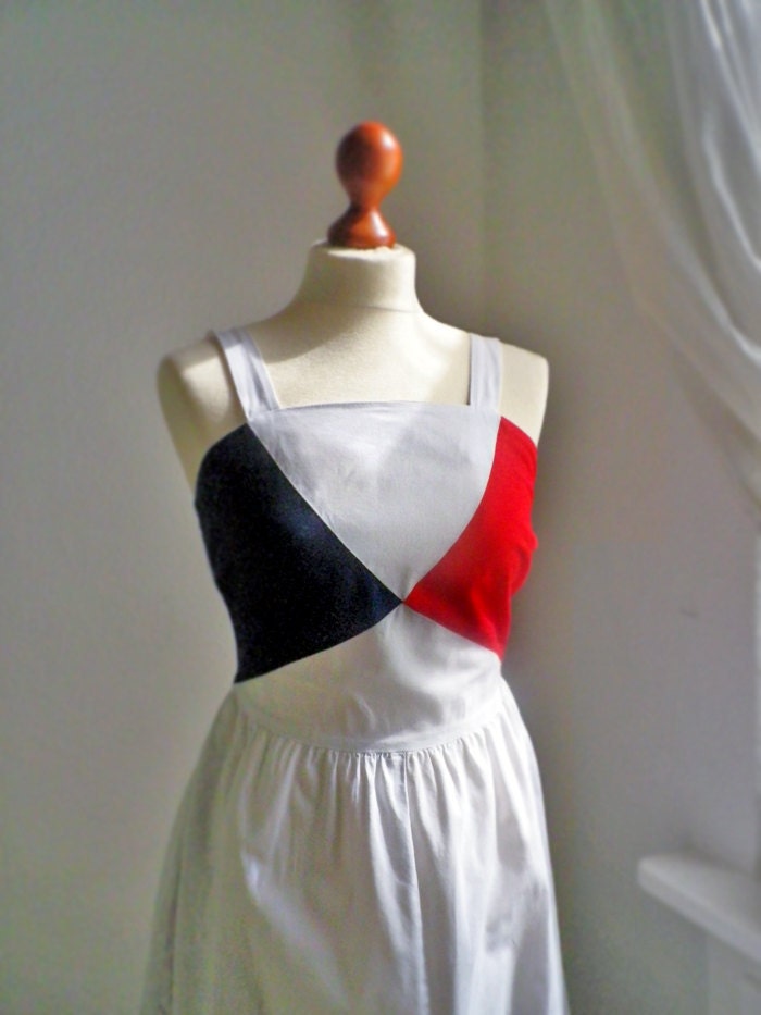 Vintage cotton beach summer 60s / white red blue/ stylish dress