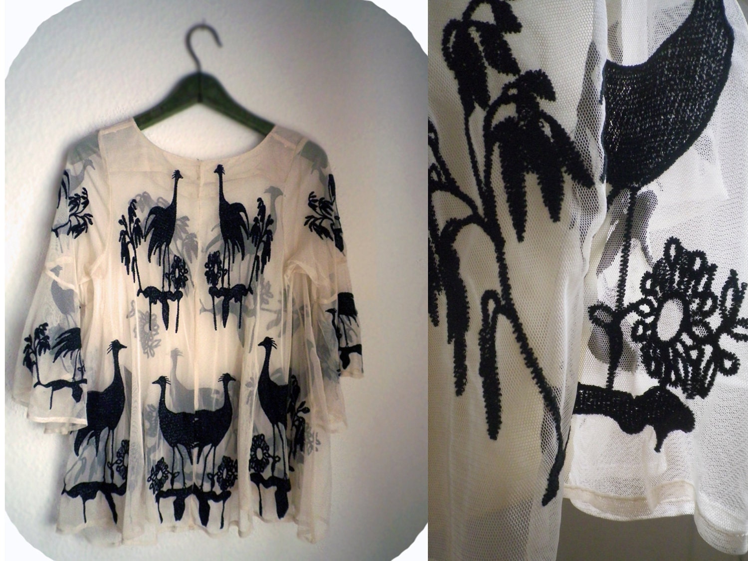 Vintage / 70s sheer exotic flamingo top/ boho, gypsy, collectors