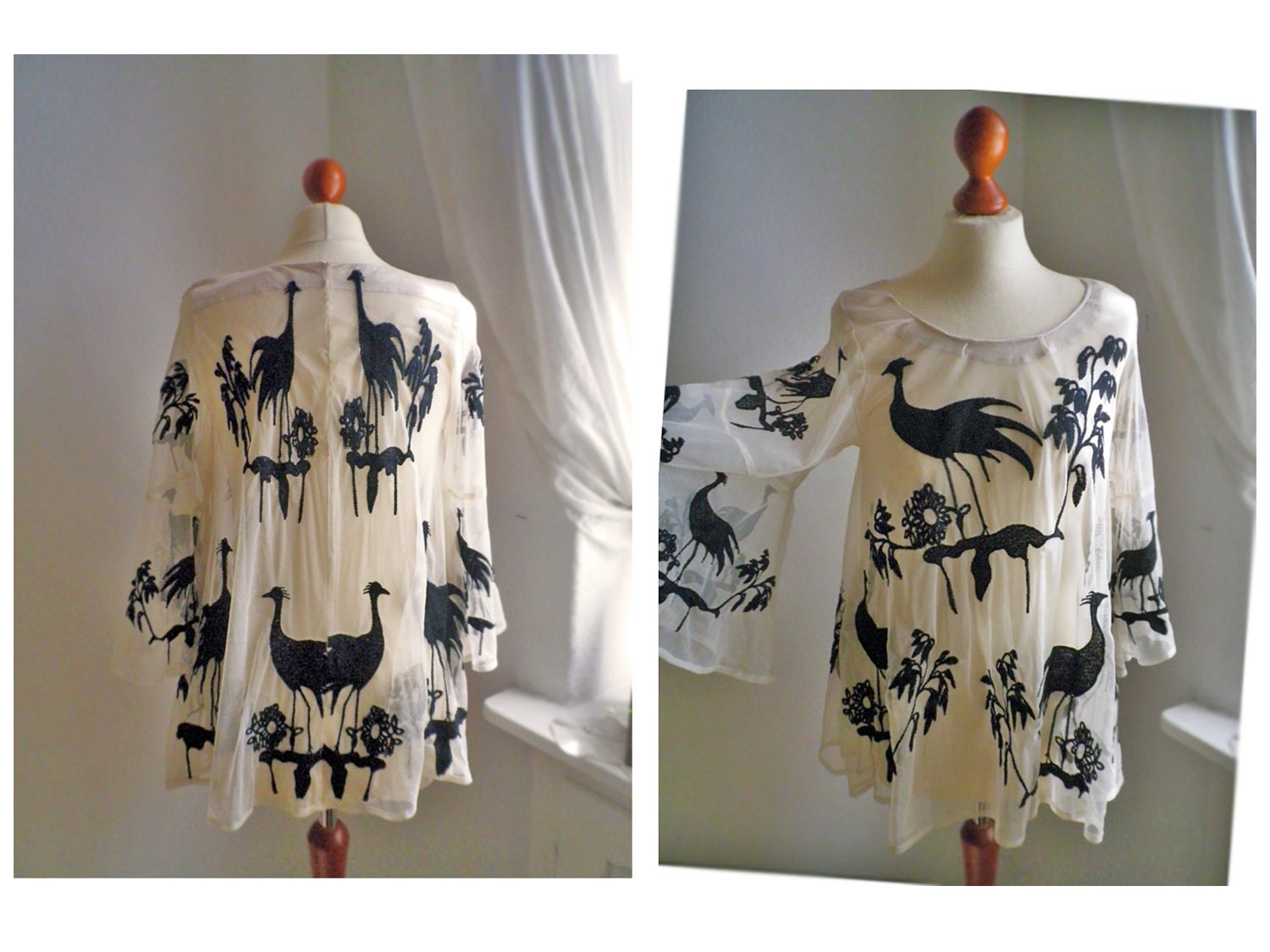 Vintage / 70s sheer exotic flamingo top/ boho, gypsy, collectors