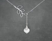 Branch and Calla Lily Necklace  --  Silver Necklace -- Lariat Necklace
