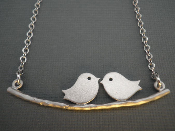 Love Birds Silver Necklace -- Birds on a Branch Necklace