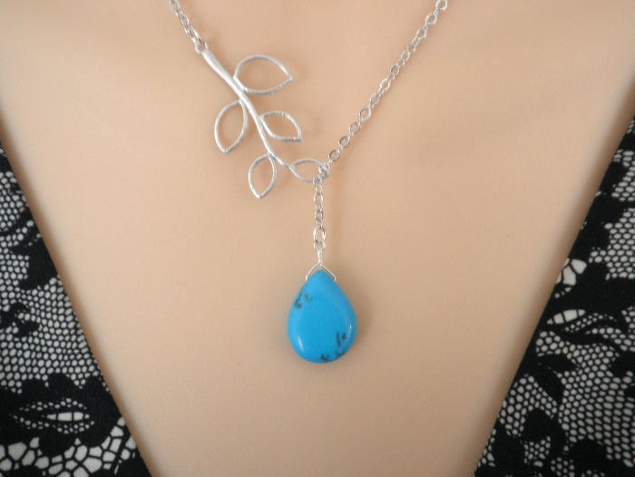 Silver Necklace -- Turquoise and Branch Lariat Necklace