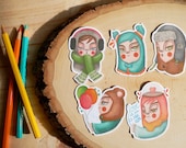 Set of 5 assorted stickers portraits illustrations