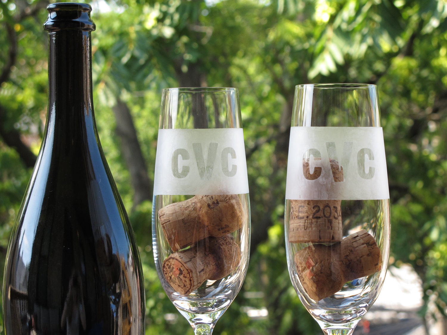Hand-Etched Champagne Flute Pair - Monogram Stripe