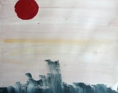 Abstract landscape painting art print 5x7 - oriental red sun water
