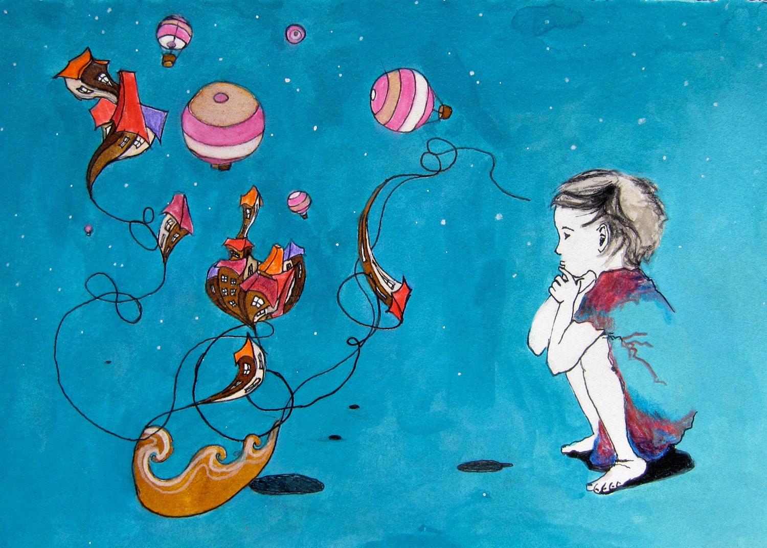Child illustration - imagination dream city art print - "Up, Up, Up and Away" 5x7