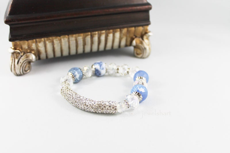 Stretch Bead Bracelet, Blue Agate, Bling Rhinestone Bracelet, Stretchy Bracelet Fashion Jewellery