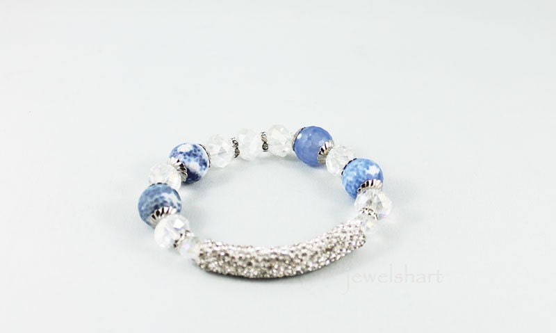 Stretch Bead Bracelet, Blue Agate, Bling Rhinestone Bracelet, Stretchy Bracelet Fashion Jewellery