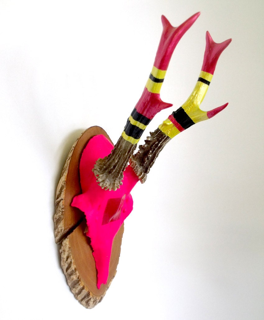 TWO'S COMPANY PAIR of neon bright enamelled painted antique deer skulls and antlers