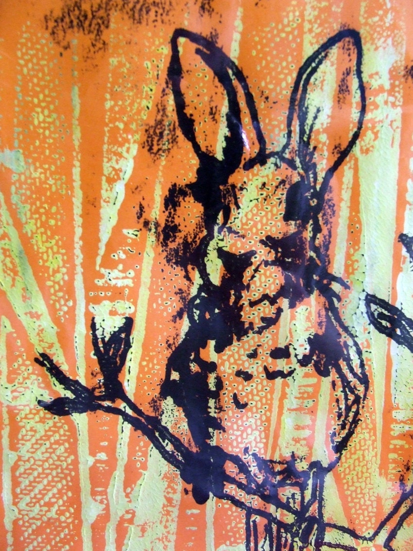 BILLY the BUNNY BIRD ooak original monoprint in mount frame