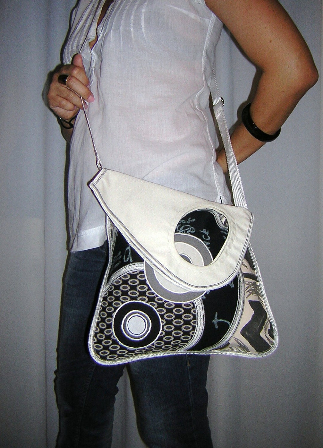 2in1 MEDIUM BAG hip bag mixed fabrics in Ivory-Gray-Black with Circles