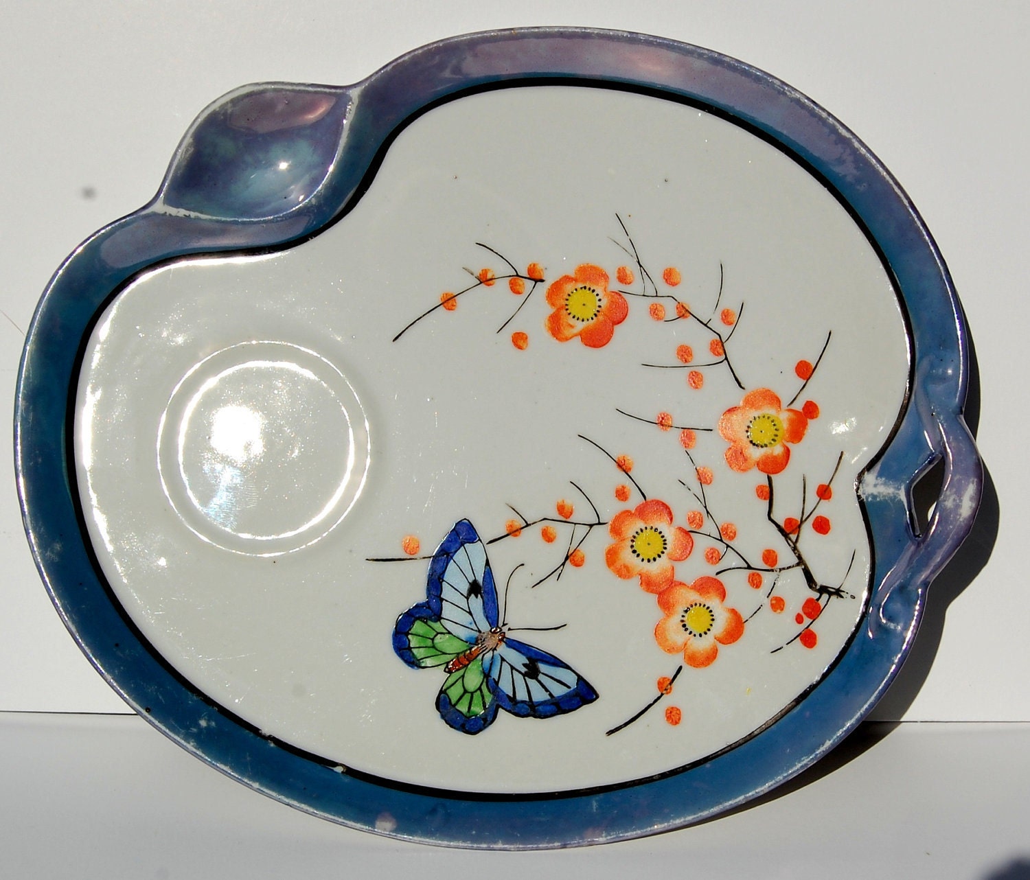 Vintage Hand Painted Orange and Blue Japanese Plates - Set of Four
