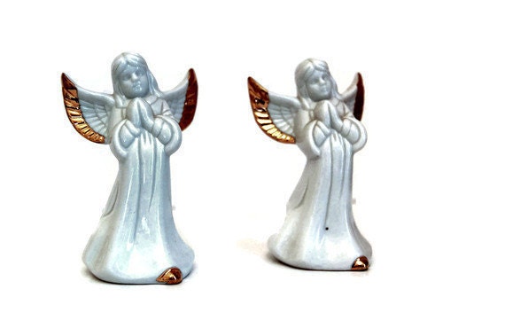White Porcelain Angel Bells with Goldtone Accents - A Lovely Christmas Gift