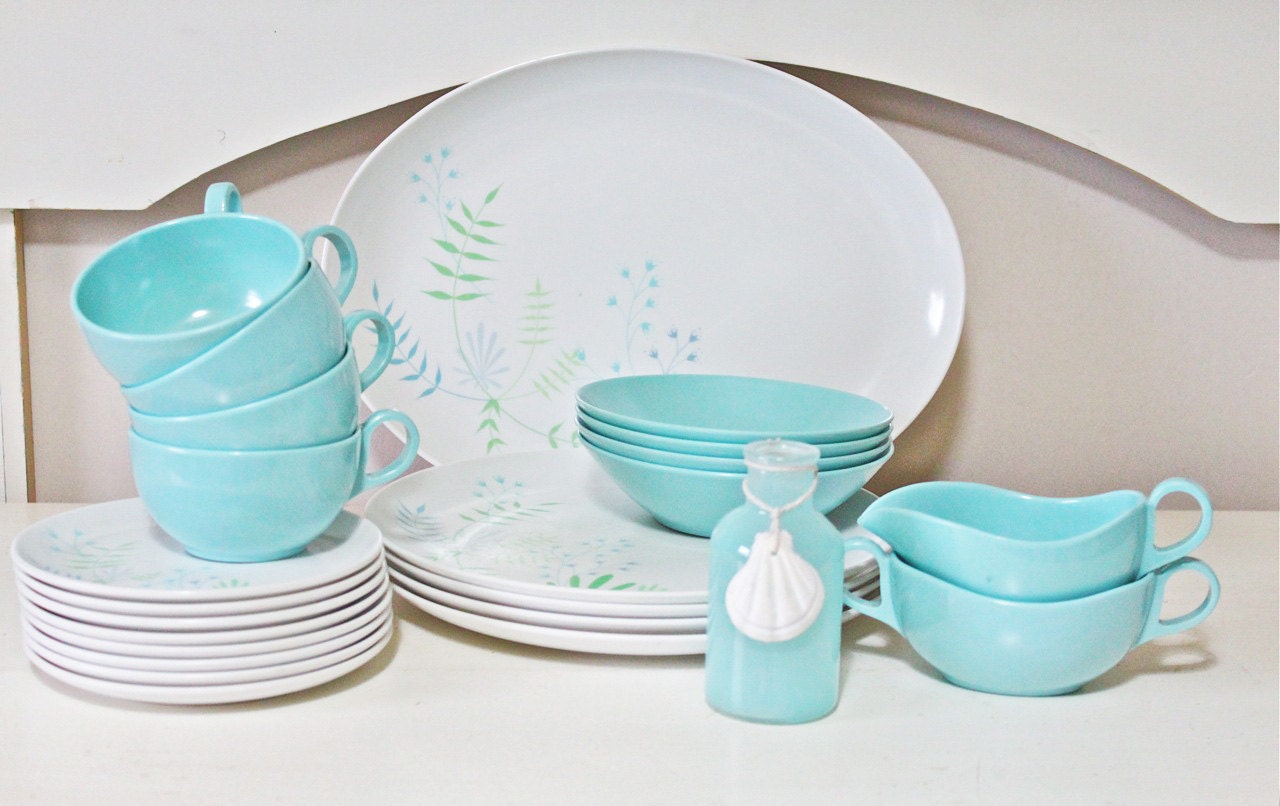 Retro Set of Melamine or Melmac Dishes in Aqua Turquoise Blue and White