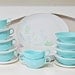 Retro Set of Melamine or Melmac Dishes in Aqua Turquoise Blue and White