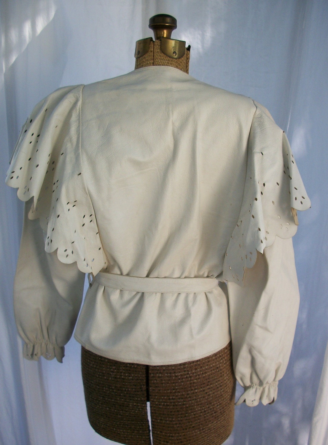 Vintage Italian White Leather Eyelet Ruffle Trim Jacket