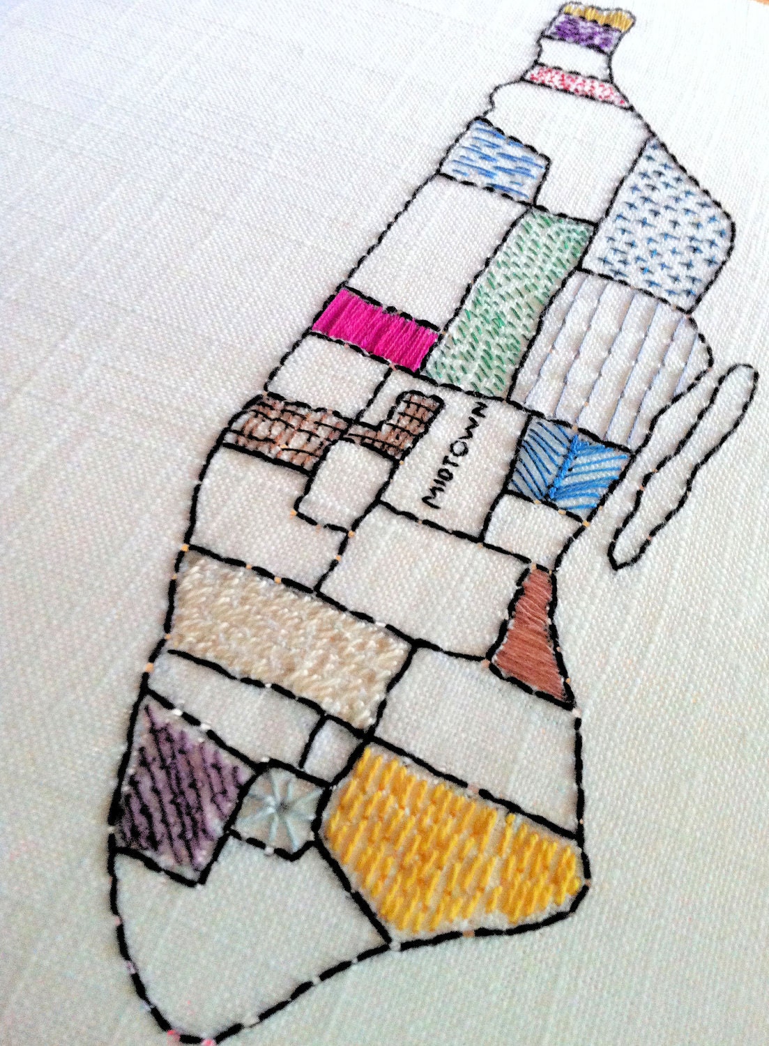 Embroidered Pillow Cover -Manhattan District Map - Hand-Embroidered on Linen Cushion