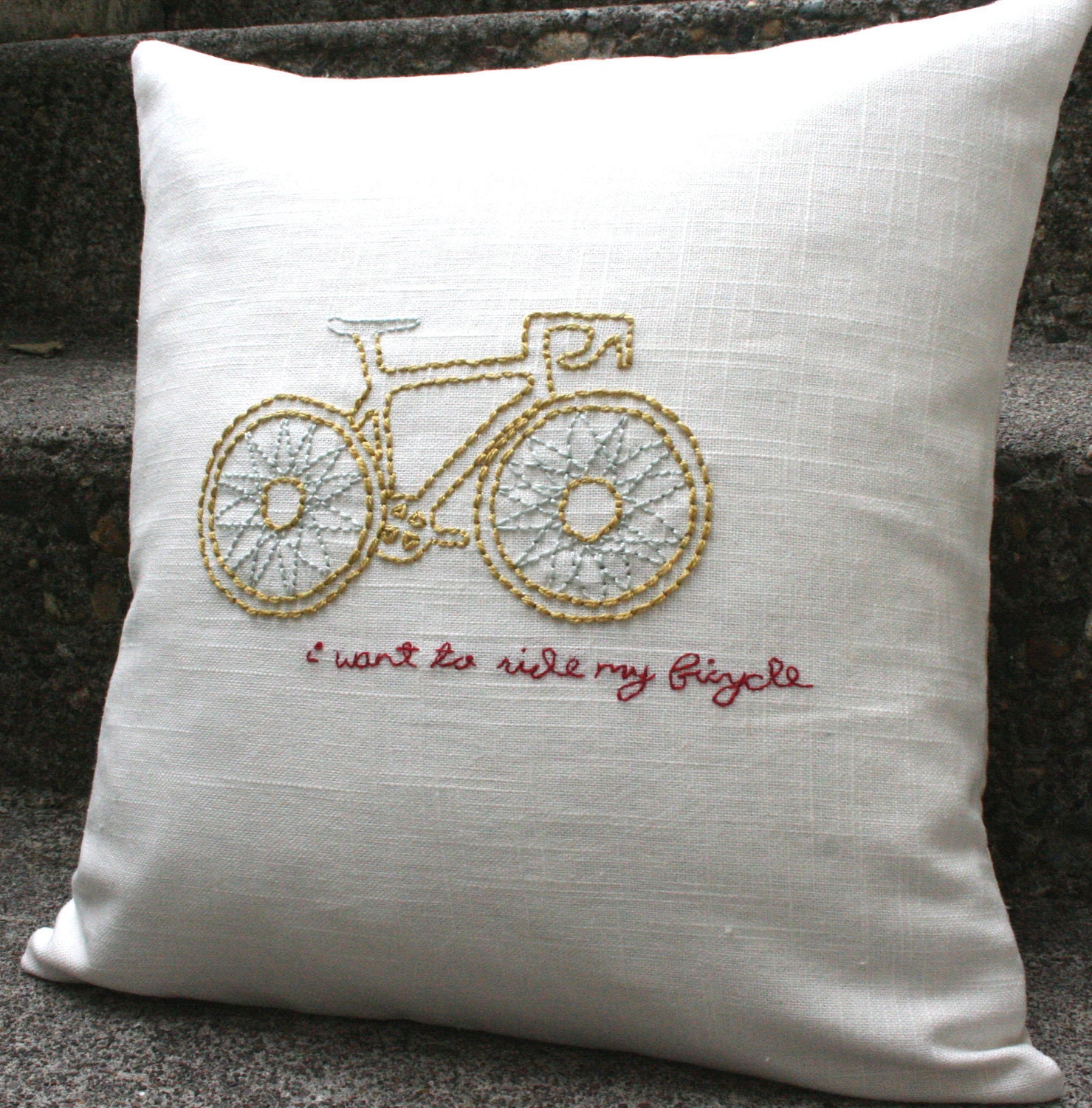 Pillow Cover - Bicycle, Bicycle - Hand-Embroidered on Linen Accent Pillow