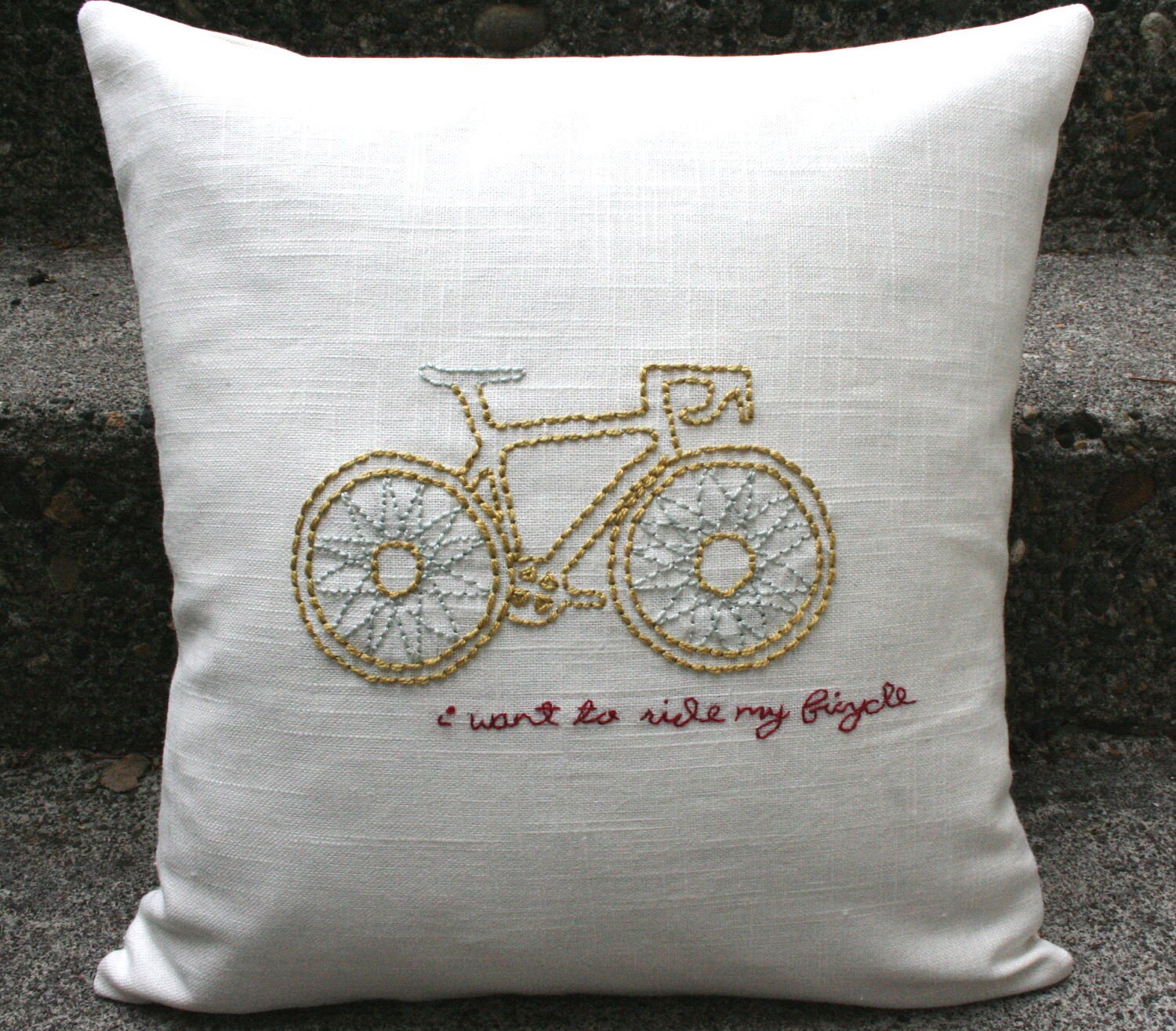 Pillow Cover - Bicycle, Bicycle - Hand-Embroidered on Linen Accent Pillow