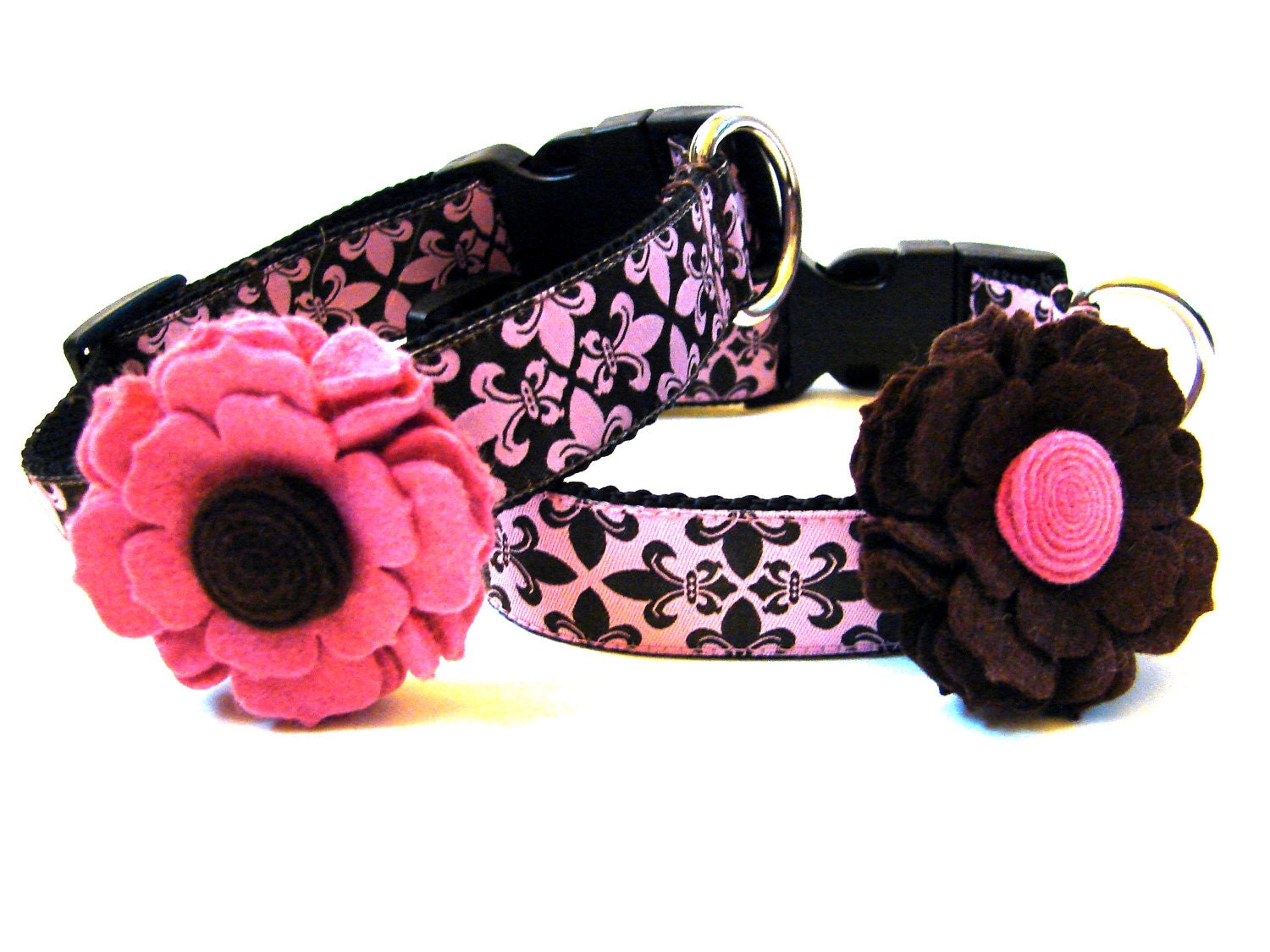 Designer Dog Collar Poochy Couture Pink and Brown Fleur de Lis Adjustable