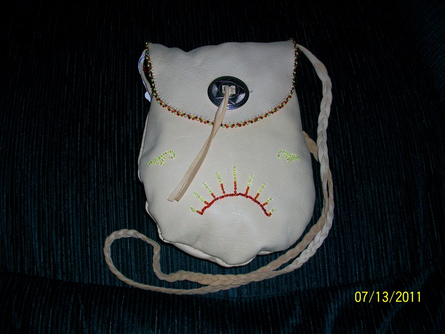 South Western Native American Leather bag with seed bead work Symbols - SALE
