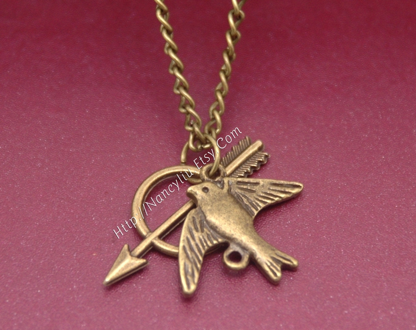 Hot Sale---The Hunger Games Necklace Pendant, Inspired Mockingjay Necklace Katniss Arrow, Antique Bronze, 89N229