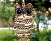 Vintage antique brass owl long necklace pendant vintage style