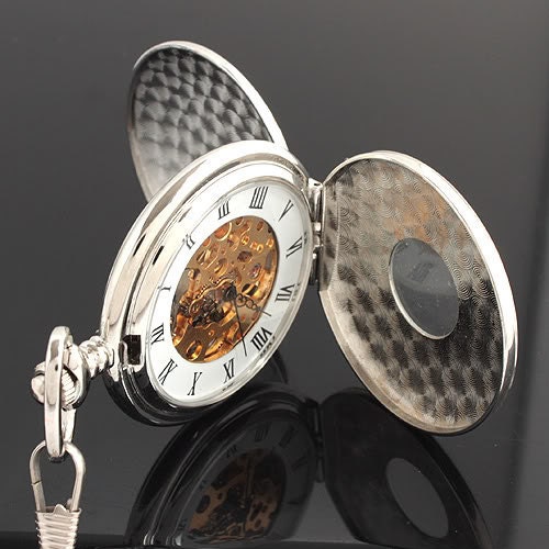 Steampunk Two Side Open Silver Skeleton Mechanical Pocket Watch - BeautyandLuck