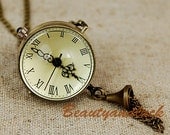 Antique brass transparent crystal sphere ball quartz pocket watch necklace pendant jewelry vintage style