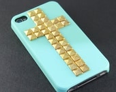 Light Green Hard Case with Cross Antique Golden Pyramid stud for Apple iPhone 4 Case, iPhone 4s Case, iPhone 4 Hard Case style A