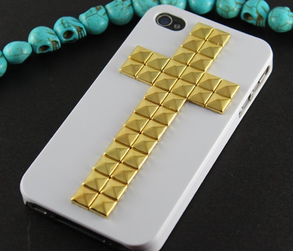 Cross Antique Golden Pyramid stud with White Hard Case for Apple iPhone 4 Case, iPhone 4s Case, iPhone 4 Hard Case style A