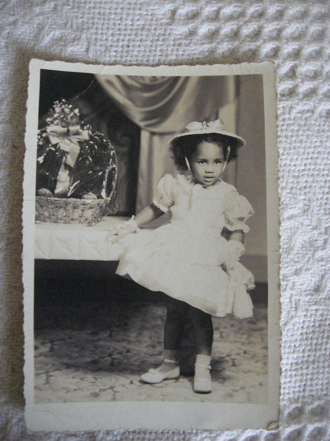 Vintage Photo Adorable Little Girl with Hat and Easter Basket Snapshot